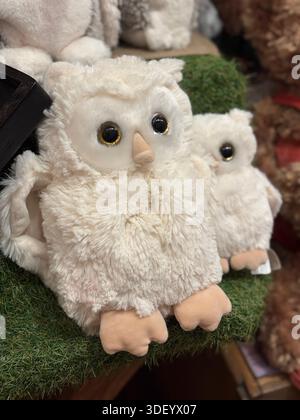 Nahaufnahme von flauschigem weißem Plüscheulenspielzeug mit goldenen Augen auf grünem Moos. Stockfoto