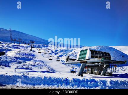Schneebedeckte schottische Highlands in Glenshee, umgeben von weißen Berggipfeln und vor einem auffälligen tiefblauen Winterhimmel Stockfoto