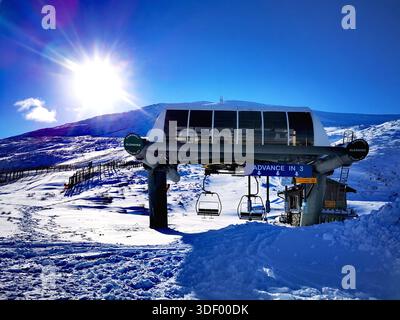 Schneebedeckte schottische Highlands in Glenshee, umgeben von weißen Berggipfeln und vor einem auffälligen tiefblauen Winterhimmel Stockfoto