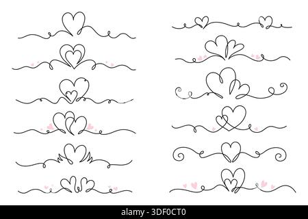 Set mit kontinuierlichen Herzzeichnungen. Ein-zeiliger Vektor-Liebessymbolsatz. Nubes eine Linie. Kollektion mit romantischen Konturen, Herz-, Rand- oder Trennelementen Stock Vektor