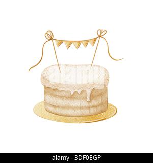 Hochzeitstorte, Girlande auf Stöcken. Aquarellillustration des Feiertags-Desserts, handgezeichnet in kindlichem Stil. Element vom Hintergrund für die Konstruktion isoliert Stockfoto