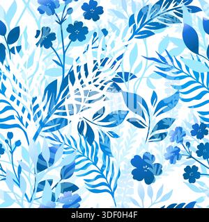 Hellblaues nahtloses Blumenmuster. Handgezeichnet. Nicht AI, Vektordarstellung. Stock Vektor