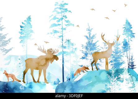 Winter verschneite Wälder. Verschiedene Tiere im Waldabstrakt. Handzeichnung. Nicht AI, Vektorillustration Stock Vektor
