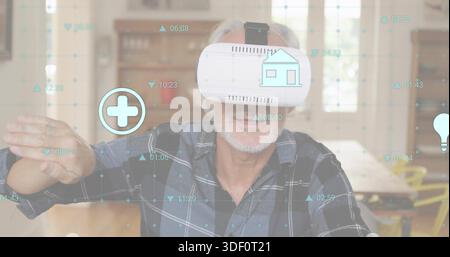 Erreichen Sie Senioren in kariertem Hemd mit weißem VR-Headset über die VR-Schnittstelle Home mit medizinischen Symbolen Stockfoto
