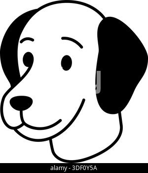 Lächelnder Zeichentrickhund mit schlampigen schwarzen Ohren und rundem Gesicht. Minimalistisches Tierkopf-Vektor-Design in schwarz-weißer Strichkunst Stock Vektor