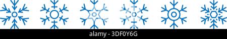 Set aus 6 Schneeflocken-Symbolen im blauen Umrissstil. Minimaler Urlaub Clipart-Kollektion für Winter- und festliche Designs Stock Vektor