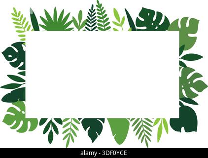 Tropischer rechteckiger Rahmen mit grünen Dschungelblättern. Botanisches Randdesign für Einladungen, Poster oder Sommerhintergründe Stock Vektor