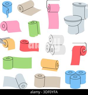 Bunte Toilettenpapierrollen und Toilettenschüsseln auf weißem Hintergrund minimale Badezimmer-Vektor-Illustration Stock Vektor