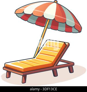 Urlaub Icon Strandliege mit Sonnenschirm, hölzerne Liegestühle. Entspannen Sie sich im Sommer. Abbildung auf weißem Hintergrund isoliert. Stock Vektor