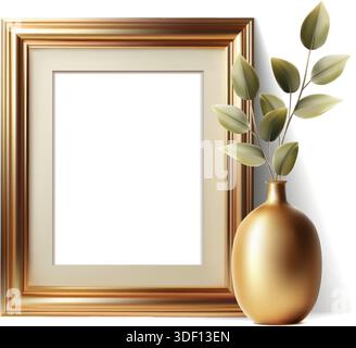 Abbildung eines realistischen Vektorsymbols. Goldener Bilderrahmen mit Pflanze in einer Vase. Isoliert auf weißem Hintergrund. Stock Vektor