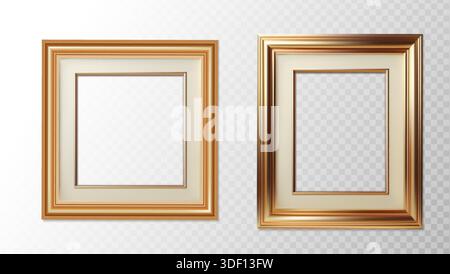 Abbildung eines realistischen Vektorsymbols. Goldener Bilderrahmen in Quadrat und Rechteck. Isoliert auf transparentem Hintergrund. Stock Vektor