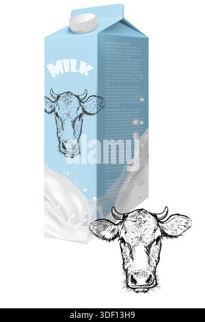 Handgezeichnete Abbildung. Milchpackung mit handgezogenem Kopf einer Kuh. Stock Vektor
