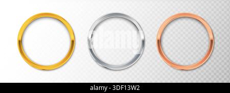 Abbildung eines realistischen Vektorsymbols. Set aus metallischen Kreisen in Gold, Silber und Bronze Stock Vektor