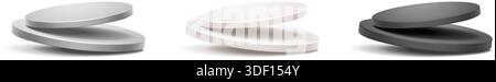 Abbildung eines realistischen Vektorsymbols. Set aus modernen Präsentationen und Podesten in weiß, Grau und Schwarz. Isoliert auf weiß. Stock Vektor
