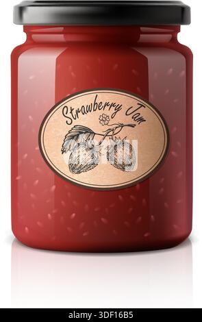 Abbildung eines realistischen Vektorsymbols. Glasbehälter mit Erdbeermarmelade, Modell mit rustikalem Etikett. Stock Vektor