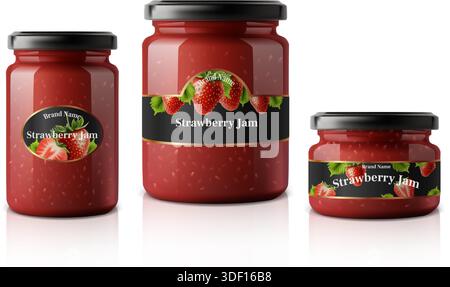Abbildung eines realistischen Vektorsymbols. Set aus verschiedenen Glasgläsern mit Etiketten für Erdbeermarmelade. Isoliert auf weiß. Stock Vektor