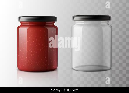 Realistische Vektordarstellung. Marmeladenglas im Glasbehälter für Fruchterdbeere oder Himbeermarmelade. Marmelade-Pack mit Kappenmuster. Stock Vektor