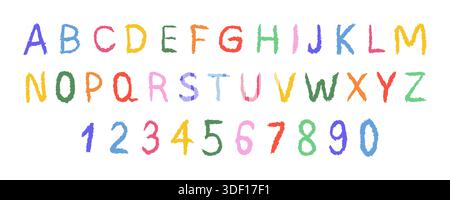 Buntstift mit englischem Alphabet. Handgezeichnete Bleistiftstruktur. Bunte Schriftart. Vektorabbildung Stock Vektor