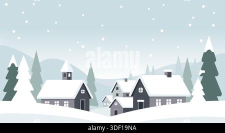 Eine friedliche und charmante minimalistische flache Design-Vektor-Illustration einer Winterdörfszene. Stock Vektor