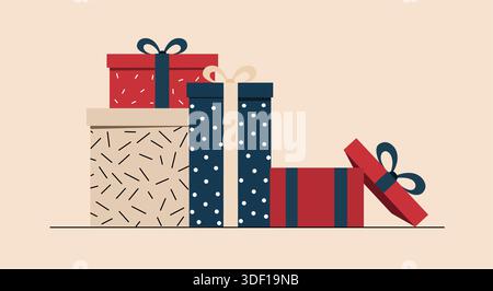 Hochwertige, saubere Vektor-Illustration eines Stapels von Weihnachtsgeschenkboxen in festlichen roten und dunkelblauen Farben, verziert mit minimalistischen Mustern. Stock Vektor