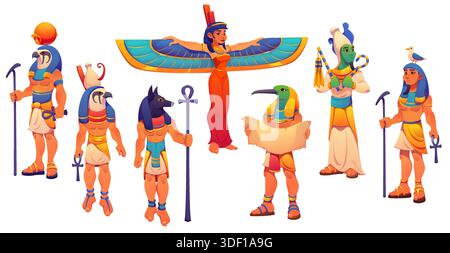 Götter und Göttin des alten Ägypten. Vektor Ra Sonnengott, Horus Falke, Anubis Wächter der Toten und Isis geflügelte Göttin. Cartoon Thoth schreibe Gott mit Ibis Kopf, Osiris Lord of Jenseits, ägyptische Gottheit Stock Vektor