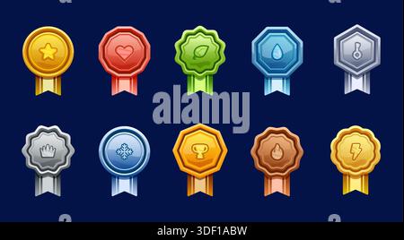 Abzeichen für Spielrangliste, Medaillen für Level-Erfolge mit Fähigkeiten, Vektor-UI-Symbole. Goldene Zeichentricksiegel, Silbermedaille, Bronze-Abzeichen mit Stern, Herz, Trophäe und Feuer, Metallkrone und Schlüssel Stock Vektor