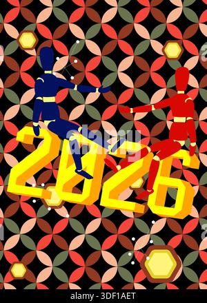 Retro 70s Hintergrund mit 2026 Text. Groovige Holzpuppe 1970er Jahre Kunstschablone. Minimalistisches Poster im Vintage-Design. Altmodische Farbvorlagen. Stock Vektor