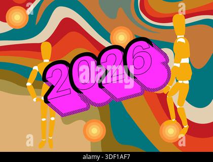 Retro 70s Hintergrund mit 2026 Text. Groovige Holzpuppe 1970er Jahre Kunstschablone. Minimalistisches Poster im Vintage-Design. Altmodische Farbvorlagen. Stock Vektor