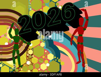 Retro 70s Hintergrund mit 2026 Text. Groovige Holzpuppe 1970er Jahre Kunstschablone. Minimalistisches Poster im Vintage-Design. Altmodische Farbvorlagen. Stock Vektor