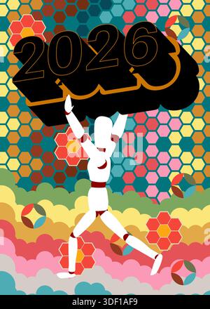 Retro 70s Hintergrund mit 2026 Text. Groovige Holzpuppe 1970er Jahre Kunstschablone. Minimalistisches Poster im Vintage-Design. Altmodische Farbvorlagen. Stock Vektor