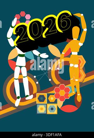 Retro 70s Hintergrund mit 2026 Text. Groovige Holzpuppe 1970er Jahre Kunstschablone. Minimalistisches Poster im Vintage-Design. Altmodische Farbvorlagen. Stock Vektor