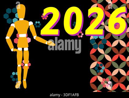 Retro 70s Hintergrund mit 2026 Text. Groovige Holzpuppe 1970er Jahre Kunstschablone. Minimalistisches Poster im Vintage-Design. Altmodische Farbvorlagen. Stock Vektor