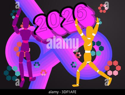 Retro 70s Hintergrund mit 2026 Text. Groovige Holzpuppe 1970er Jahre Kunstschablone. Minimalistisches Poster im Vintage-Design. Altmodische Farbvorlagen. Stock Vektor