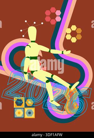 Retro 70s Hintergrund mit 2026 Text. Groovige Holzpuppe 1970er Jahre Kunstschablone. Minimalistisches Poster im Vintage-Design. Altmodische Farbvorlagen. Stock Vektor