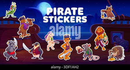 Tier Piratenschiff Crew Charaktere Aufkleber Pack auf Nachtdeck Vektor Hintergrund. Cartoon-Löwe, Tiger, Eulen und Häschen, Adler und Rattenpiraten mit Schätzen und Schwertern. Tier- und Vogelkorsair-Charaktere Stock Vektor
