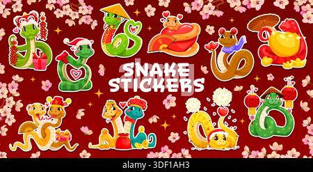 Valentinstag lustige Schlangenfiguren Aufkleber. St. Valentine Chinesisches Tierkreiszeichen Tierzeichen Vektor Aufkleber. Asiatische Schlangen mit Feuerwerk, Herz und goldenem Nugget, Fächer und Laternen Stock Vektor