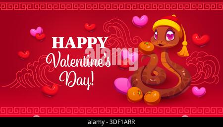 Happy Valentine's Day Banner mit fröhlichem Schlangencharakter. Vektor-Poster für den Liebestag, Partyflyer für den Heiligen Valentinstag. Romantische Weihnachtsgrußkarte mit asiatischem Schlangencharakter, Orangen und Liebesherzen Stock Vektor