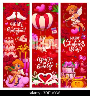 Valentinstag-Banner mit Cherub-Cupiden und Liebesherzen. Vektor-Flyer für romantische Tage, Poster für romantische Feiertage. Liebe Party Grußkarte mit weißen Tauben Paar, Hochzeitstorte, fliegenden Cupiden, Rosen Stock Vektor