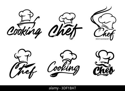 Koch- und Koch-Ikonen von Bäckerei, Restaurant, Bistro oder kulinarischen Schulen. Vektor Chef Hut, Bäcker oder Koch Hauben isoliert minimale Symbole Set mit Vintage Schnurrbart, Schüssel, Löffel und Messer Stock Vektor