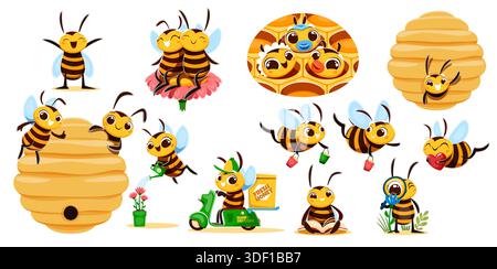 Lustige Bienenfiguren. Niedliche fröhliche Vektor-Insekten-Persönlichkeiten in spielerischen Aktivitäten, fliegen, umarmen, Blumen gießen, lesen, Sie liefern Honig, umgeben von Bienenstöcken, Waben und Blumen Stock Vektor