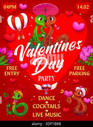 Valentinstag-Party-Flyer, Feiertags-Poster-Vorlage. Saint Valentine Party Vektorkarte, romantische Feiertagsfahne. Poster zur Feier der Romantik mit süßen Schlangen, asiatischen Charakteren, Blumen, Heißluftballon Stock Vektor