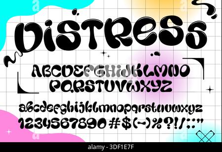 Flüssige Blasenschrift, funky wellige Schrift, y2k-Schriftart, grooviges englisches Alphabet. Vektorfett und verzerrtes schwarzes Bubble-Skript enthält Groß- und Kleinbuchstaben, Zahlen und Symbole Stock Vektor