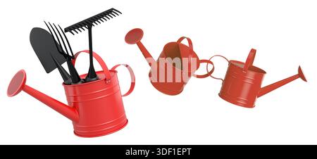 Gartenwerkzeuge wie Schaufel, Gabel und Rechen in Gießkannen, isoliert auf weißem Gartenkonzept. Stockfoto