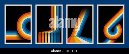 Retro-Hintergrund der 70er Jahre oder abstrakte Vintage-Poster mit geometrischem Regenbogenmuster. Vektor-Retro-Hintergründe mit Linien von farbigen Wellen-Kreisen für kreatives Design von Pop- oder Disco-Musik der 1970er Jahre Stock Vektor