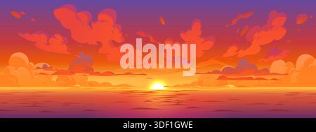 Cartoon Anime Sonnenuntergang Himmel Hintergrund mit leuchtenden orange und rosa Wolken über dem ruhigen Ozean Horizont. Dramatischer Manga-Sonnenuntergang mit leuchtender orangener Wolke. Vektor wunderschöne Naturlandschaft, lebhafte Wolkenlandschaft Stock Vektor