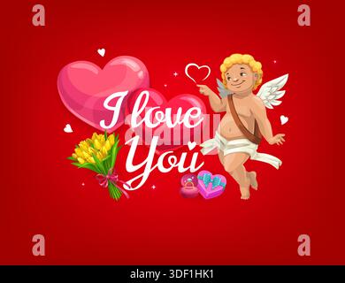 Valentinstag-Grußkarte oder Banner mit süßem Cupid. Romantische Partyvektor-Grußkarte, Valentinstag-Poster. Love Day Flyer mit Cherub, Tulpenstrauß, Verlobungsring und Geschenkbox Stock Vektor