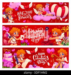 Valentinstag-Banner mit Cupids. Love Party Vektor Poster, Saint Valentine Feier Grußkarte. Romantisches Tagesbanner mit fröhlichen Cupid-Charakteren auf Wolken, Hochzeitstorte und Blumen Stock Vektor