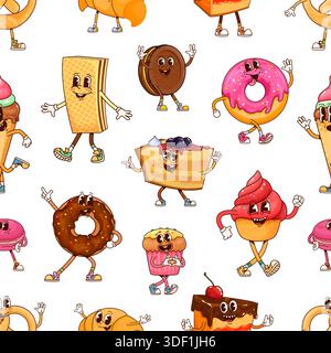 Bäckerei, Süßigkeiten und Desserts groovige Zeichen Vektor nahtlose Muster. Fröhlicher Donut mit Streuseln, lustigen Muffins, fröhlichen Cupcake, skurrilen Waffeln, groovigem Kuchen, Hippie-Kekse und süße Croissant-Bäckerei Stock Vektor