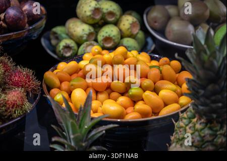 Auswahl an frischen exotischen Früchten wie Mango, tropische Drachenfrüchte, Litschi, Sternenfrüchte, bunt, saftig und mit natürlicher Süße und Nährstoffen, in Stockfoto