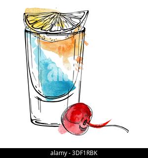 Kühle, türkisfarbene Kamikaze Cocktail Shot mit Zitrusorangenscheibe und reifer Kirsche. Isolierte Illustration in weichem Aquarell und Tinte. Perfekt für Stockfoto